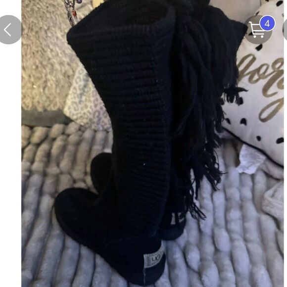 Black fringe Cardy sweater knit pull on button up boots, 9.5 guc - Picture 4 of 10
